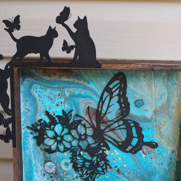 Decorative Wall Art with Cats and Butterfly Acrylic Paint Pour Decorative 10.5" - Picture 5 of 5